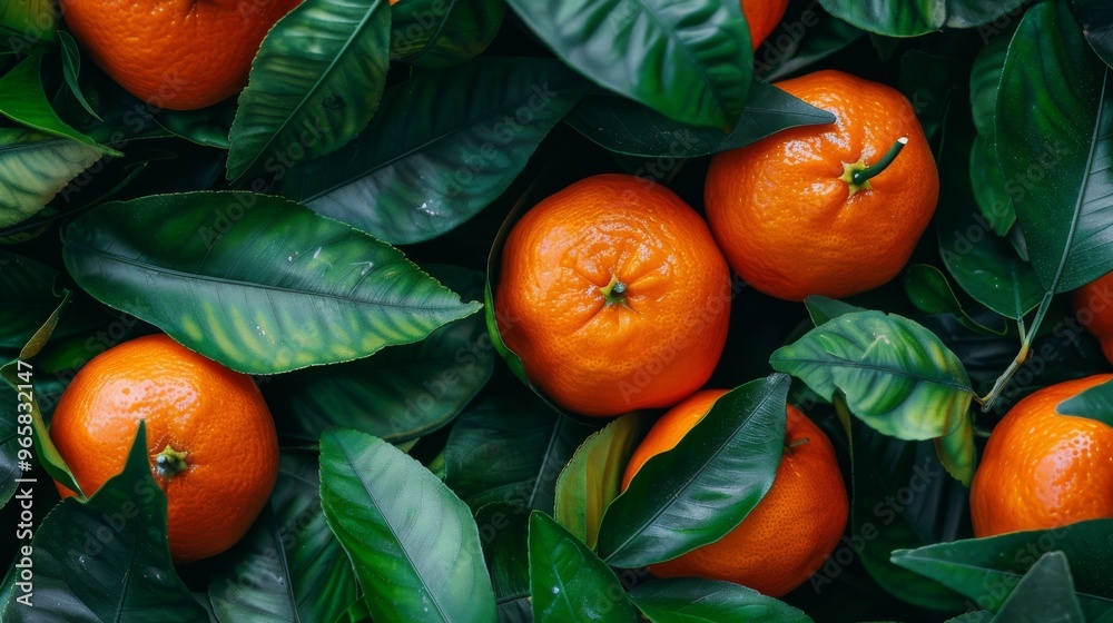 Poster tangerines with their vibrant orange color and green leaves creating a lively and eye-catching backg
