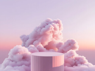 3D display podium, pastel pink an violet background. Cloud levitating. Sunset sky concept. Nature Beauty, cosmetic product presentation pedestal. Bright 3d render mockup. Banner template