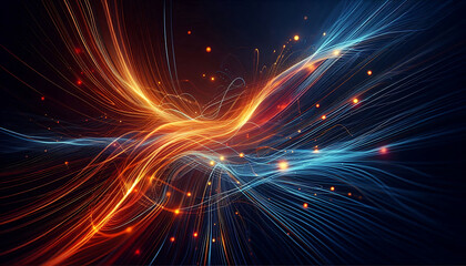 Abstract dynamic flowing lines in vibrant orange blue hues composition evokes a feeling of motion and light suggesting a digital or futuristic theme against a dark background