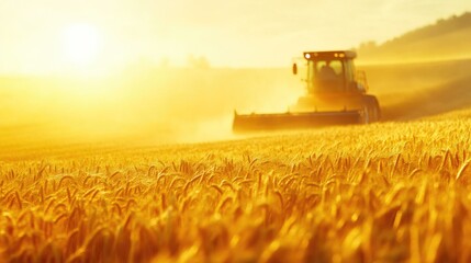 Fototapeta premium Golden Wheat Macro Shot with Harvesting Scene