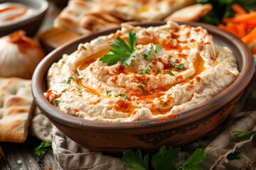 Bowl of Creamy Hummus Garnished with Paprika, Parsley, and Olive Oil, Middle Eastern Cuisine