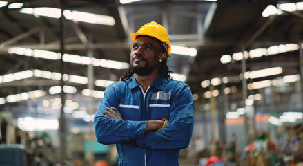 A man in a blue work suit with a yellow helmet stands in a large industrial building. He is looking...