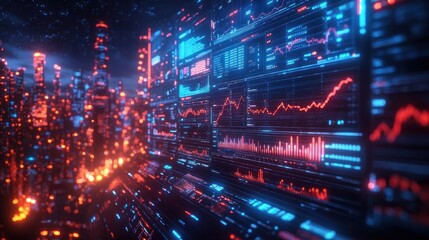 Futuristic data visualization with glowing graphs and cityscape.