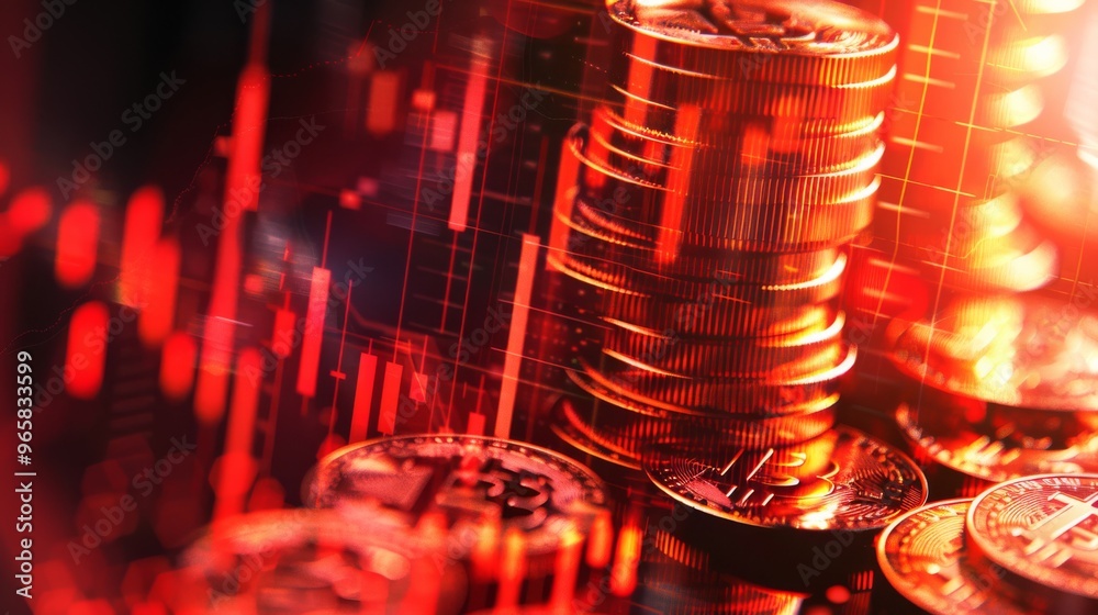 Poster Banking and finance theme with graph and stock display double exposure on coins