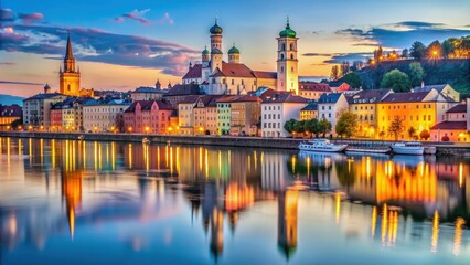 Obraz premium Passau skyline and harbor reflected in the evening glow of the Danube River, Three Rivers City, Lower Bavaria, Germany