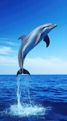 A playful dolphin leaps gracefully out of the shimmering blue ocean, showcasing its agility and beauty in nature.
