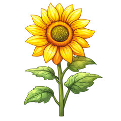 Naklejka premium A detailed illustration of a sunflower with bright yellow petals and green leaves, Ideal for use in gardening blogs isolated on transparency PNG background, flower shop advertisements