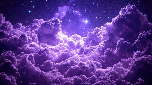 A stunning view of purple clouds illuminated by stars, creating a mystical and ethereal atmosphere in the night sky.