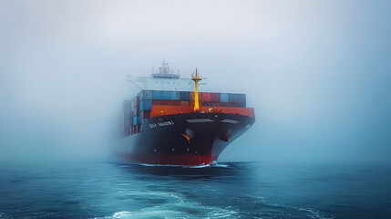 Fototapeta premium Container Ship in Foggy Ocean