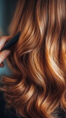 Naklejka premium Beautiful long hair being combed, showcasing shiny waves and rich color, perfect for hair styling and beauty themes.