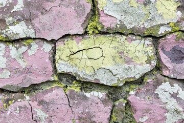 Obraz premium Close-up of a textured, weathered stone wall featuring colorful patches and cracks, showcasing natural decay and beauty.