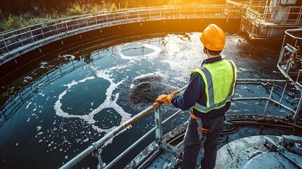 Worker Inspecting Wastewater Treatment Pond with Safety Gear in Industrial Setting