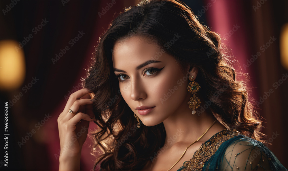 Wall mural a woman with long dark hair and brown eyes is wearing earrings and a necklace