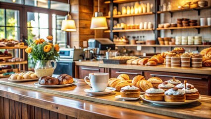 Shot of cozy coffee shop with a variety of pastries and coffee on display during the day , coffee shop, sweets, croissants
