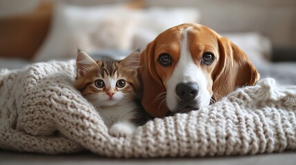 Adorable beagle and kitten duo cozily nestled under a warm blanket, captivatingly staring into the camera lens, set against a minimalist backdrop with ample copy space.
