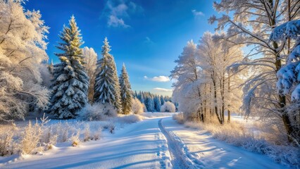 Obraz premium Winter landscape with blue sky, footpath, and snowy forest , winter, landscape, blue sky, footpath, snowy, forest, cold, frosty