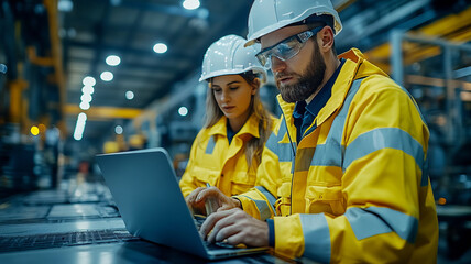 Male and female engineers in safety gear discuss plans on a laptop in a factory.
