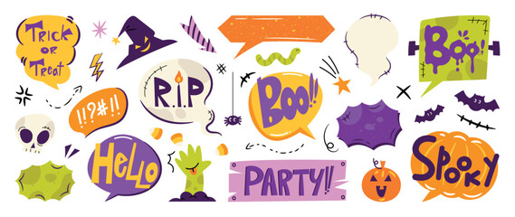 Set of speech bubble with text halloween concept vector. Collection of contemporary figure, skull, bat, pumpkin, candy. Chat design element perfect for banner, print, sticker, cartoon.