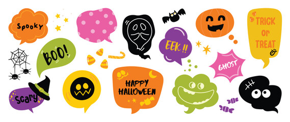 Set of speech bubble with text halloween concept vector. Collection of contemporary figure, skull, bat, pumpkin, candy, spider. Chat design element perfect for banner, print, sticker, cartoon.