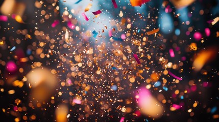 Colorful confetti bursts in a vibrant celebration creating a festive atmosphere filled with joy and excitement during a lively event at night