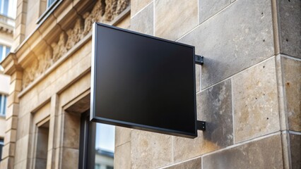 Fototapeta premium Blank black square glass sign mockup on stone building facade, mockup, black, square, glass, sign, blank, stone, building
