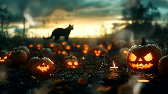 Eerie pumpkin patch with carved pumpkins and a black cat. Halloween concept, looping 4k video animation background