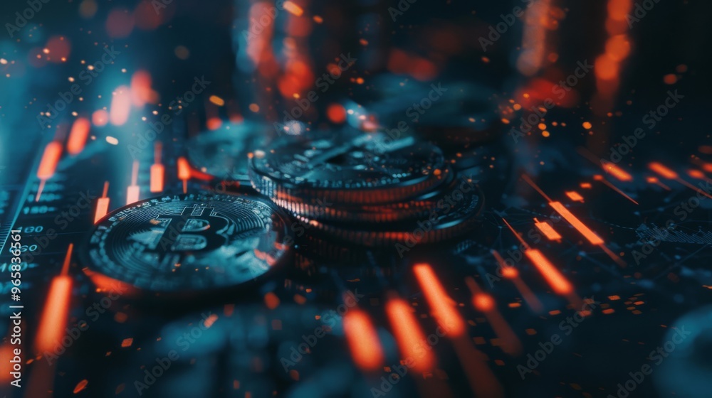 Poster Double exposure of coins with graph and stock display finance and banking concept