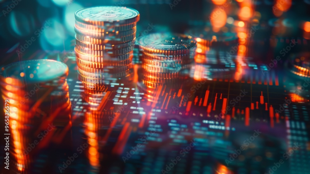 Poster Double exposure of graph overlaying stock display and rows of coins for finance and banking concept