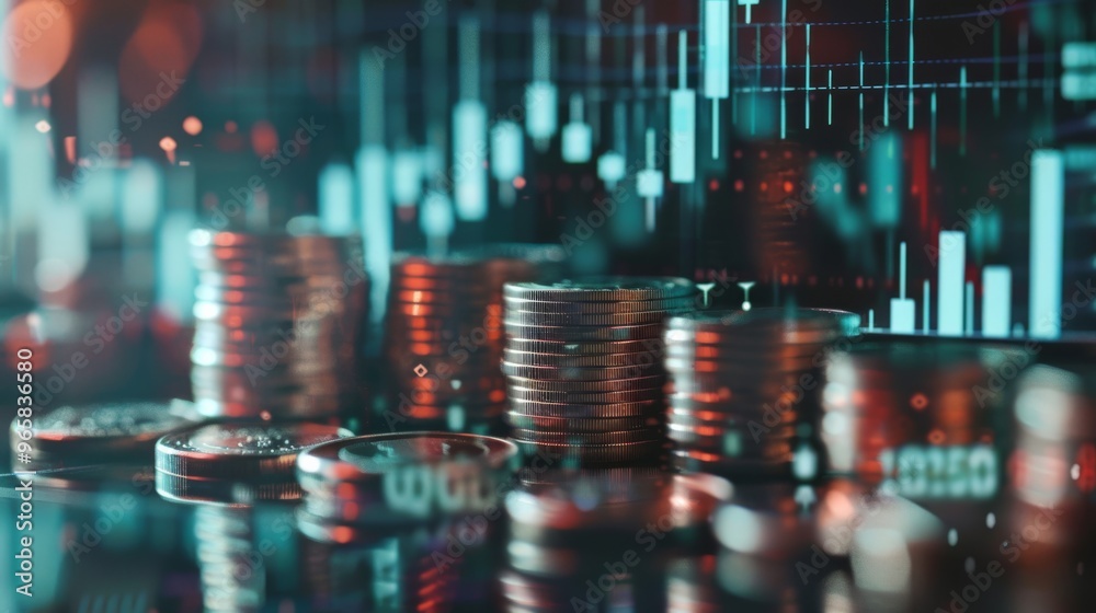 Poster Double exposure of graph overlaying stock display and rows of coins for finance and banking concept
