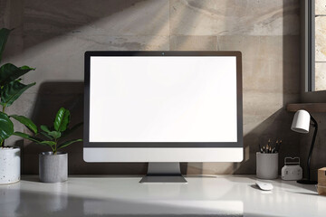 Fototapeta premium Minimalist Workspace with Blank Computer Screen