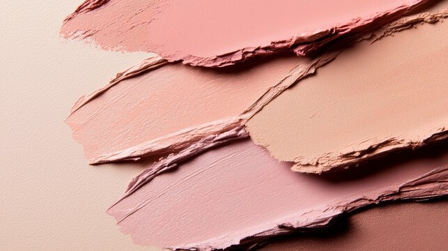 Trendy makeup swatches in soft peach and nude tones, ideal for beauty and cosmetic stock images. Perfect for blogs or social media use.