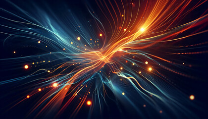 Abstract dynamic flowing lines in vibrant orange blue hues composition evokes a feeling of motion and light suggesting a digital or futuristic theme against a dark background