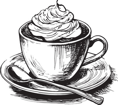 Cup of coffee with whipped cream on top, a spoon on the saucer, and a croissant on the side vector illustratior line art