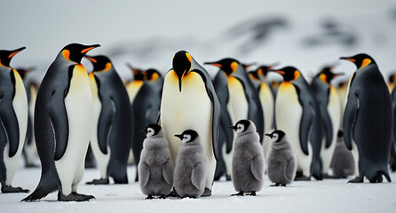 Obraz premium A group of emperor penguins stands in the snow, with several adult penguins watching over their fluffy grey chicks. 