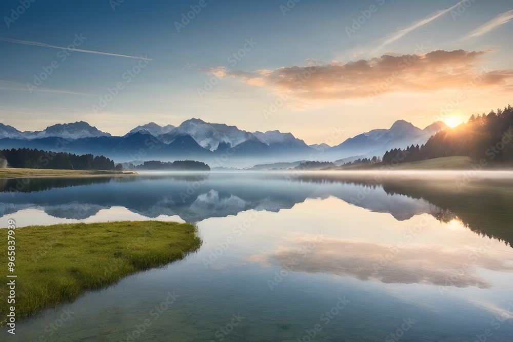 Wall mural Serene sunrise over lake Geroldsee with the Karwendel mountains in the background Generative AI