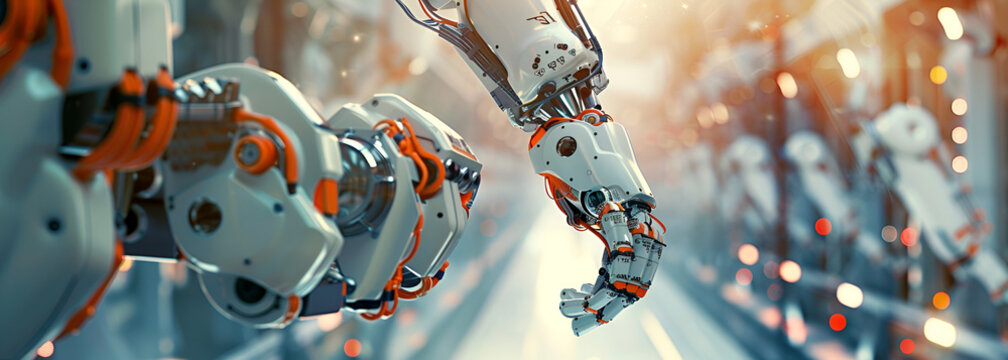 Robotic cyborg walking on conveyor belt in factory Closeup a woman wearing a robotic leg that walks on a treadmill, robotic cyborg, conveyor belt, factory setting, robotic leg, woman with prosthetic
