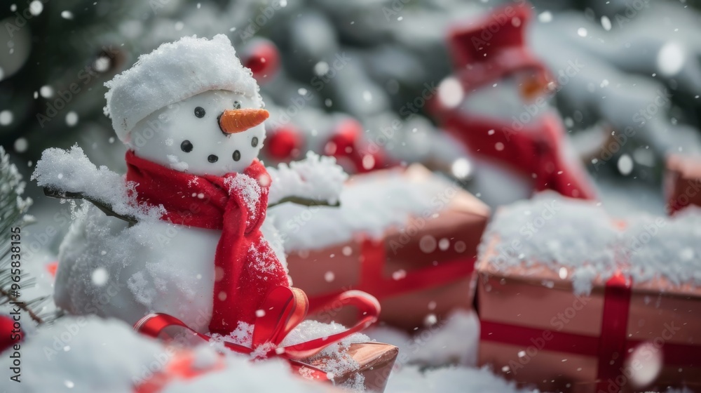 Poster gift boxes in snow with a snowman in the background