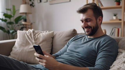 Fototapeta premium man texting on the phone, man is having fun with his smartphone on the couch, cell phone commercial, ai generated