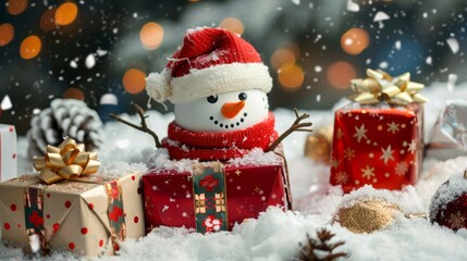 Fototapeta premium Gift boxes in snow with a snowman in the background