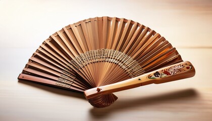 A traditional, hand-crafted, wooden folding fan. The fan is closed, with the ribs and handle visible. The fan is made of natural materials.