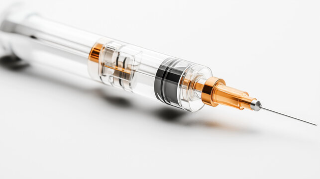 Close-up of a hypodermic needle and syringe with a transparent barrel and an orange-tinted needle hub, commonly used for medical injections on a white background.
