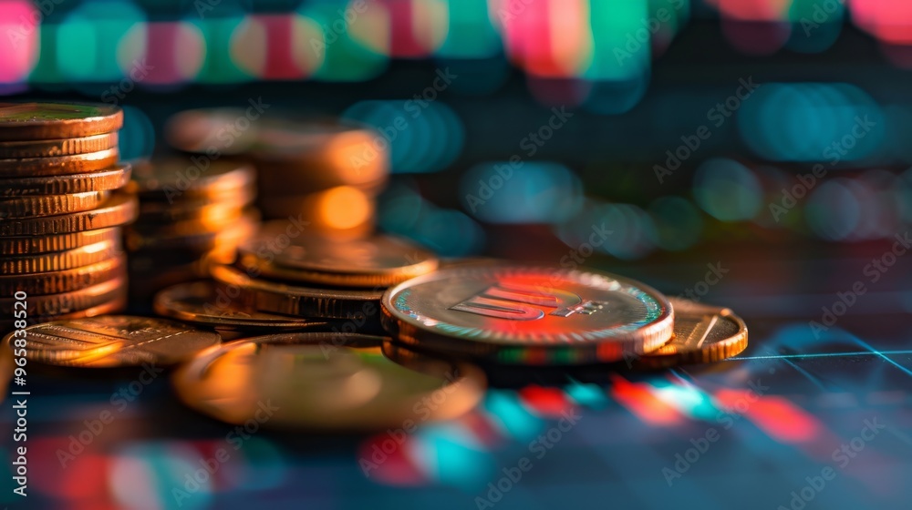 Poster Graph superimposed on stock display and coins for finance and banking