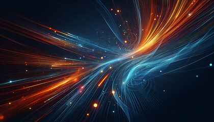 Abstract dynamic flowing lines in vibrant orange blue hues composition evokes a feeling of motion and light suggesting a digital or futuristic theme against a dark background