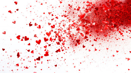 Red hearts explosion cloud, vibrant color confetti splash, love and emotion, heart particles, valentine day, isolated white background