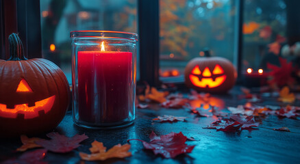 A red candle glows warmly by autumn leaves and a carved pumpkin at night.