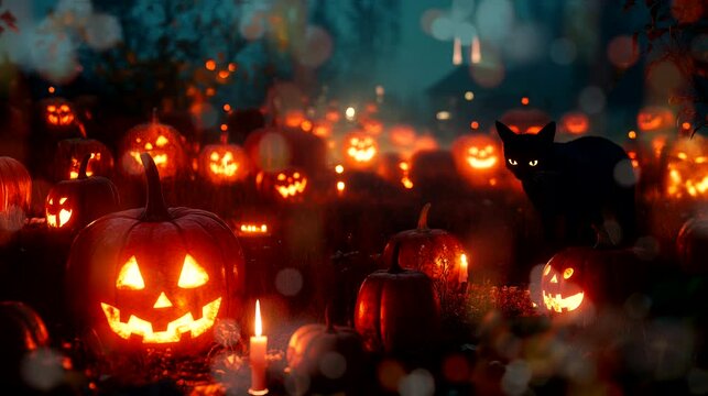 Eerie pumpkin patch with carved pumpkins and a black cat. Halloween concept, looping 4k video animation background