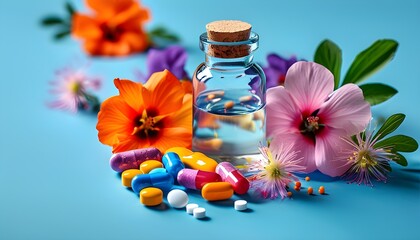 Vibrant display of pills, blossoms, and liquid medicine bottles against a serene blue backdrop