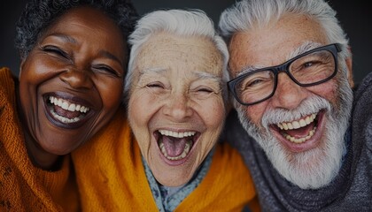 Three seniors joyfully laughing together, showcasing friendship and happiness in a vibrant and warm atmosphere.