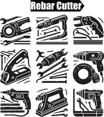 Fototapeta premium Rebar Cutter Tool Set Vector Illustration: Black and White Graphic Design of Construction Tools, Including Drills, Wrenches, and Cutting Equipment