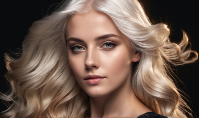 Fototapeta premium A woman with long, blonde hair looks directly at the camera